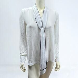 Express White Tie Neck Blouse Black Piping Long Sleeve Silky Small